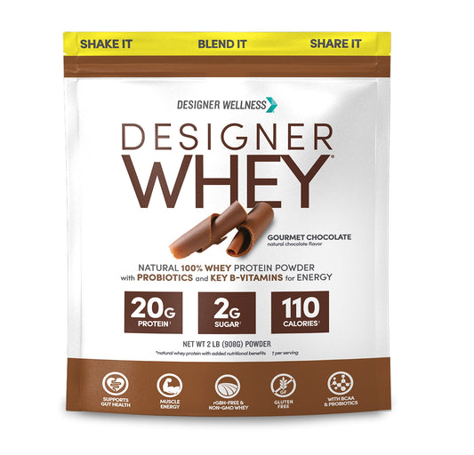 Designer Wellness Designer Whey canister on kitchen shelf for post-workout shakes