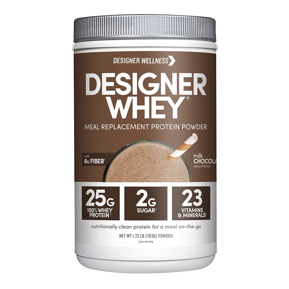 Designer Wellness milk chocolate whey bottle, protein-packed meal replacement.