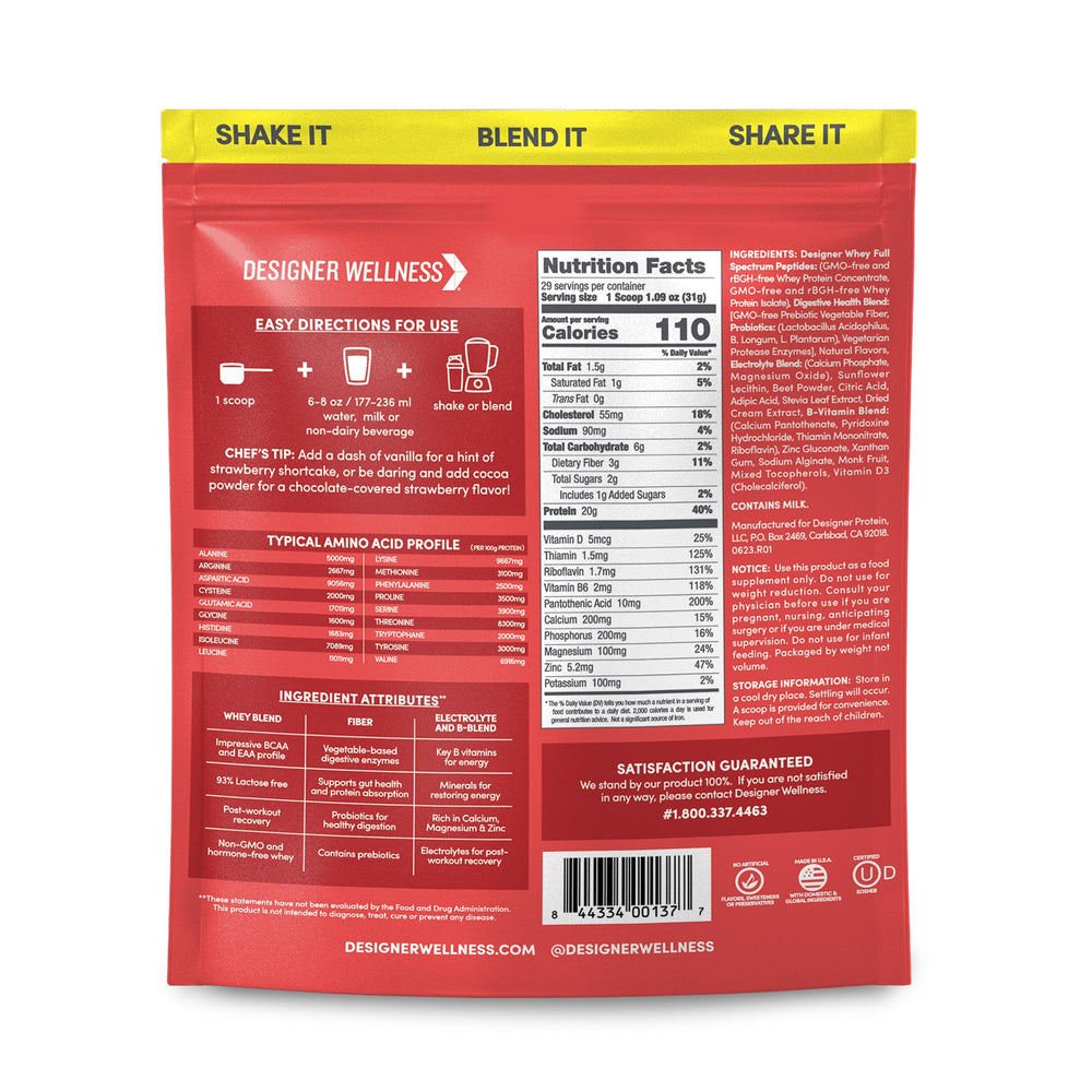 Designer Wellness Designer Whey Summer Strawberry serving scoop emphasizes convenient post-workout fueling.