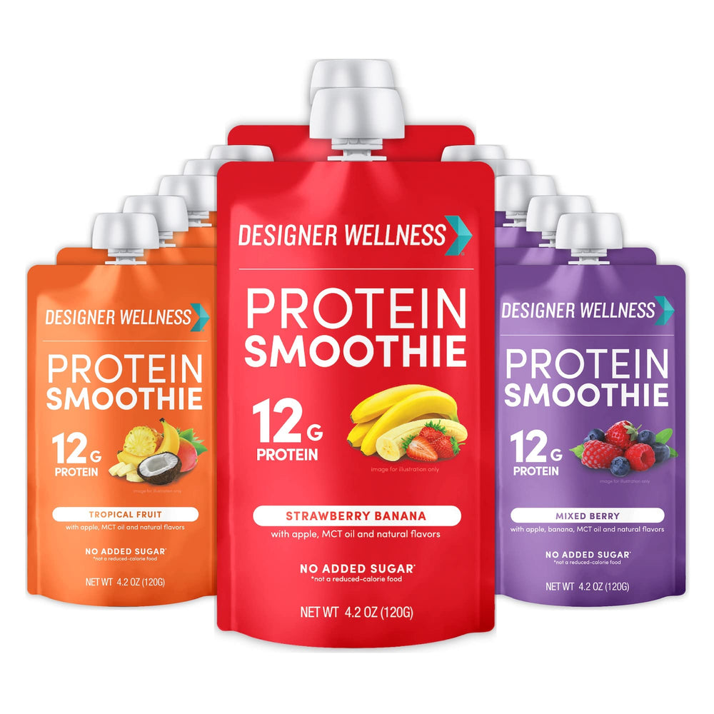 Designer Wellness Protein Smoothie fruit blend in a glass for a refreshing on-the-go snack