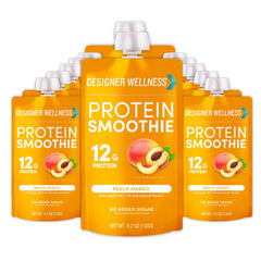 Designer Wellness Protein Smoothie Peach Mango pouch ready for on-the-go nutrition.