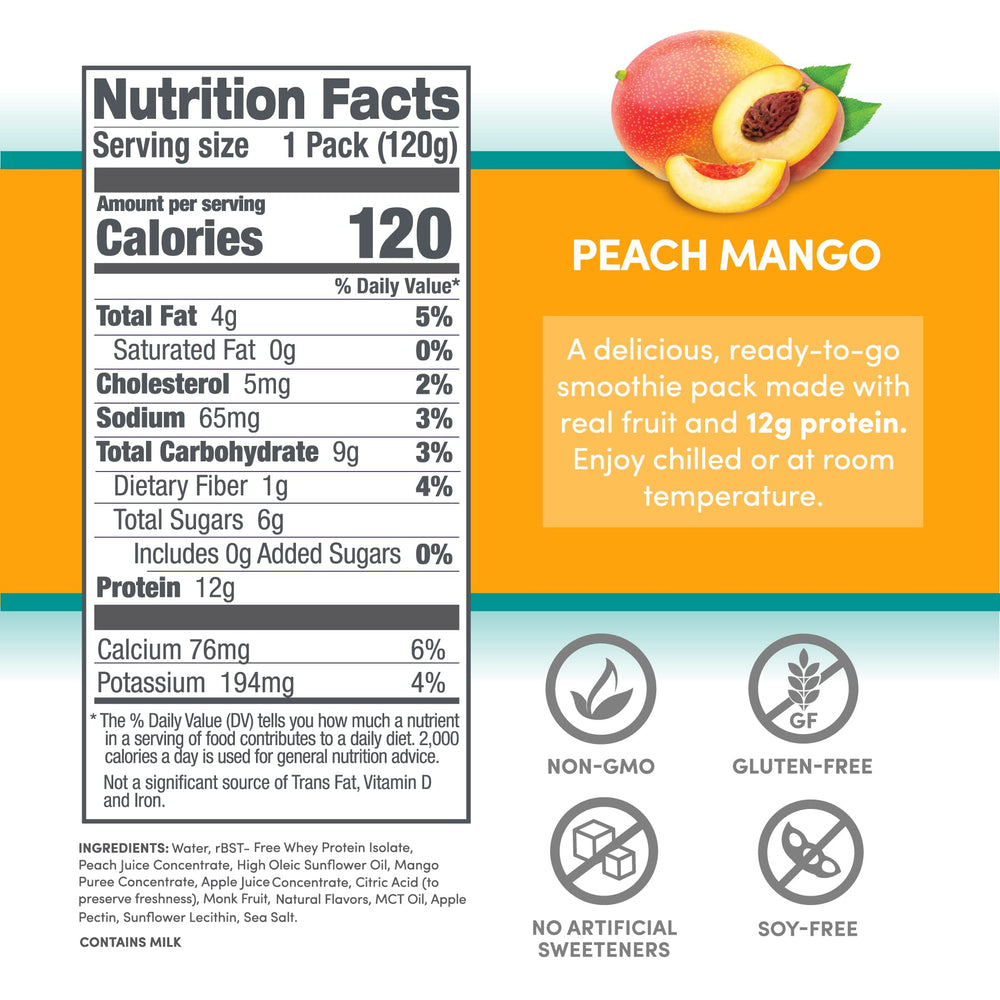 Designer Wellness Protein Smoothie Peach Mango pouring into a glass.