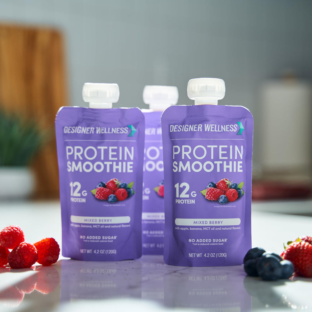 On-the-go protein boost from Designer Wellness smoothie without refrigeration.