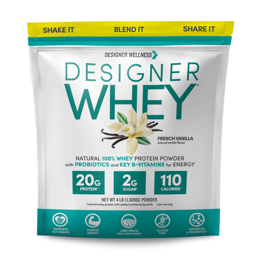 Designer Whey bottle top view showing 20g protein per serving.