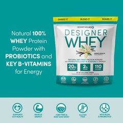 Designer Whey nutrition label highlighting gluten-free and additive-free formula.