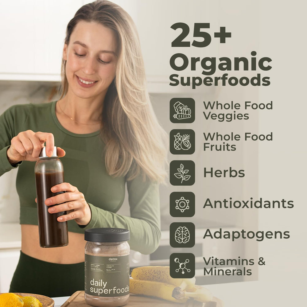Glass of Detox Organics Greens Chocolate shake ready for a convenient daily boost.