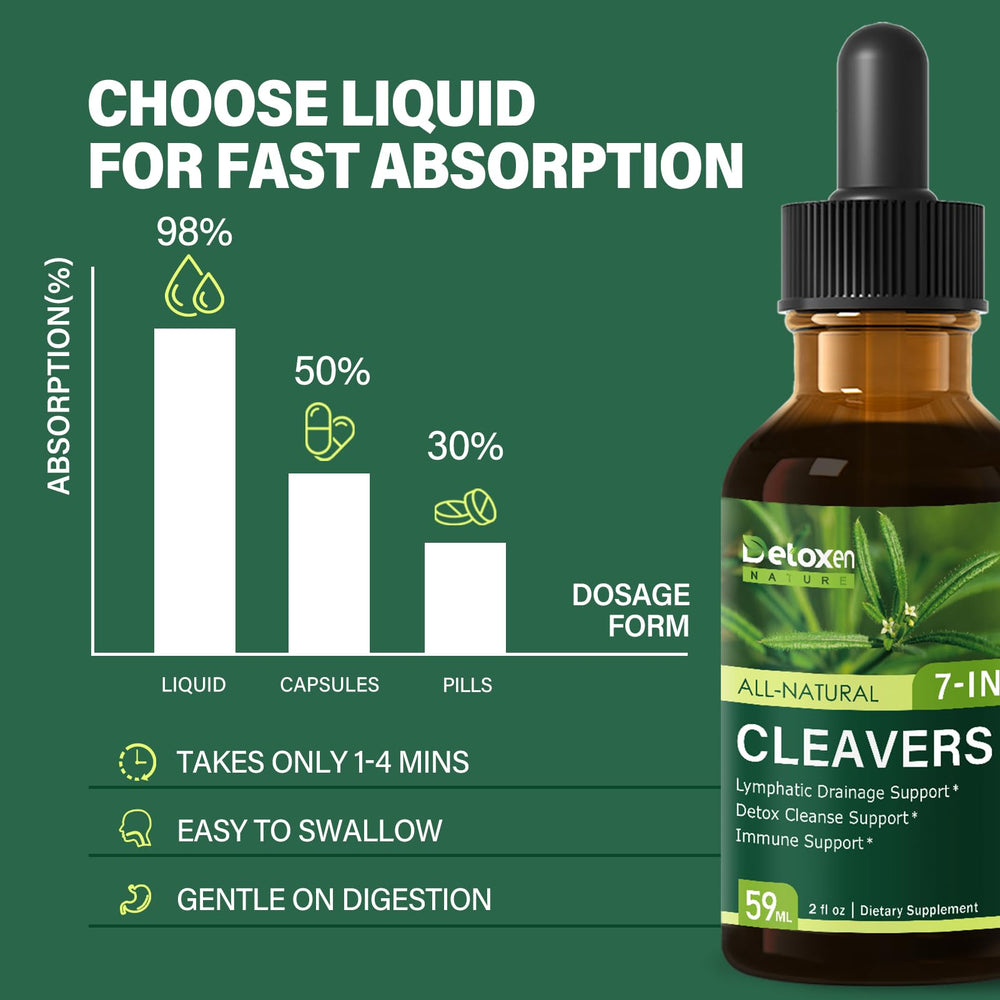 DetoxenNATURE Cleavers Drops herb blend scene illustrating seven-herb synergy for detox lifestyle