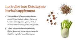Detoxzyme label detail shows clean-label ingredients and non-GMO formulation