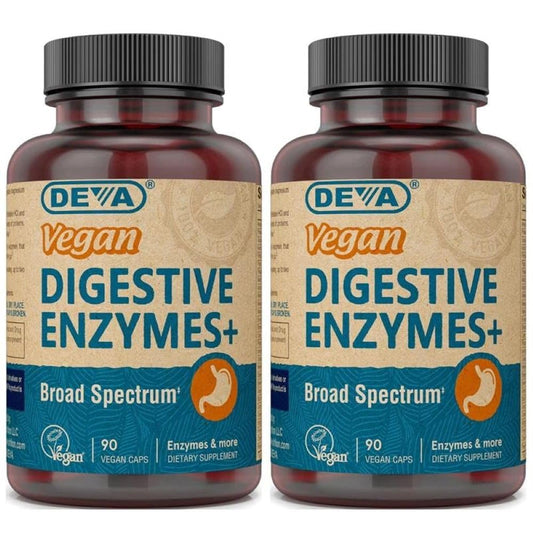 DEVA Digestive Enzymes+ bottle supports vegan digestion with broad enzyme activity.