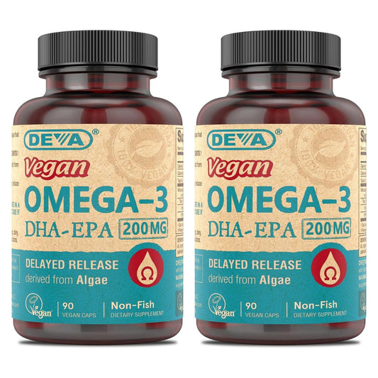 DEVA Omega-3 DHA-EPA delayed-release bottle for convenient vegan omega-3 supplementation