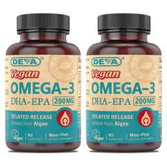 DEVA Omega-3 DHA-EPA delayed-release bottle for convenient vegan omega-3 supplementation