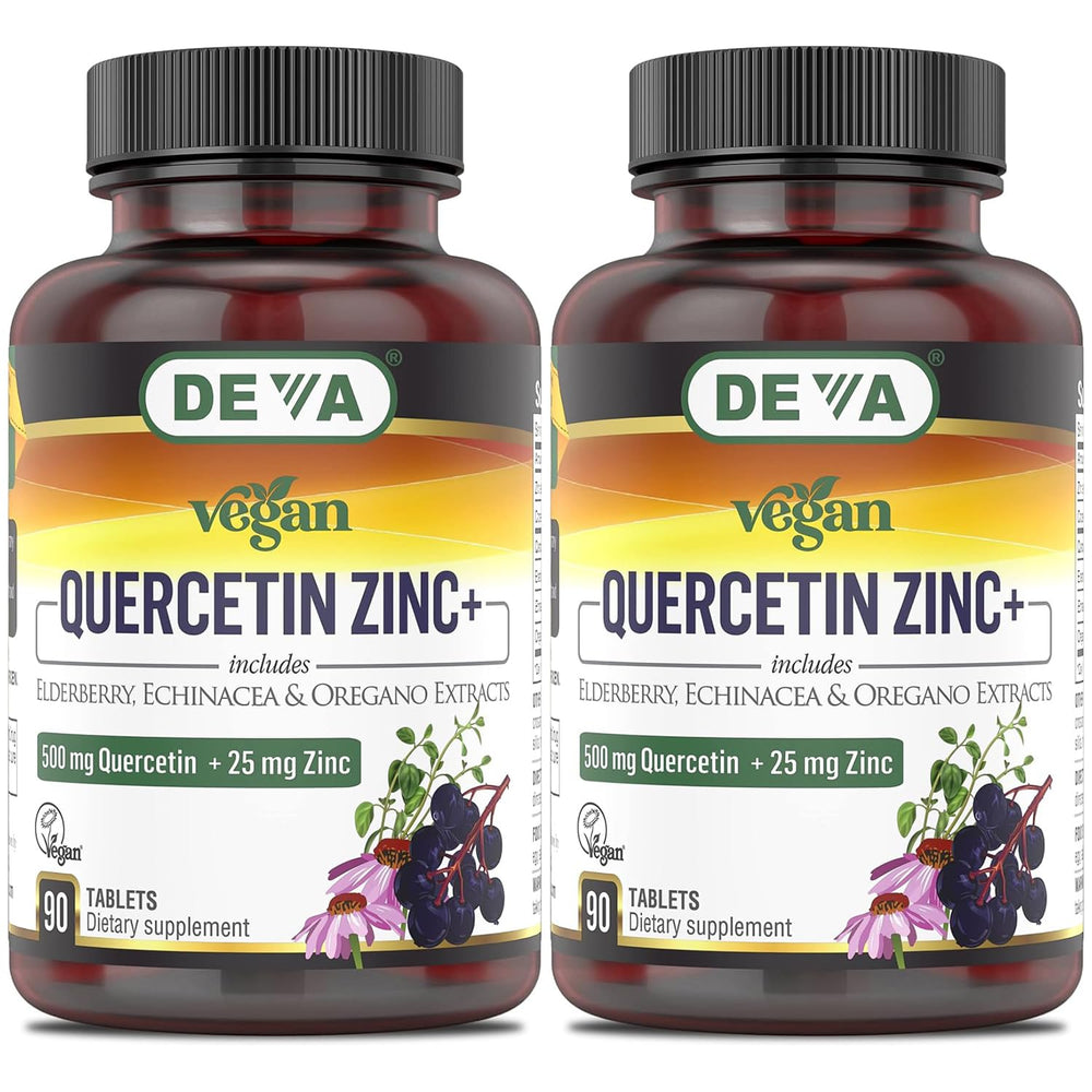 DEVA Quercetin Zinc+ bottle front view highlighting vegan formulation and potency.