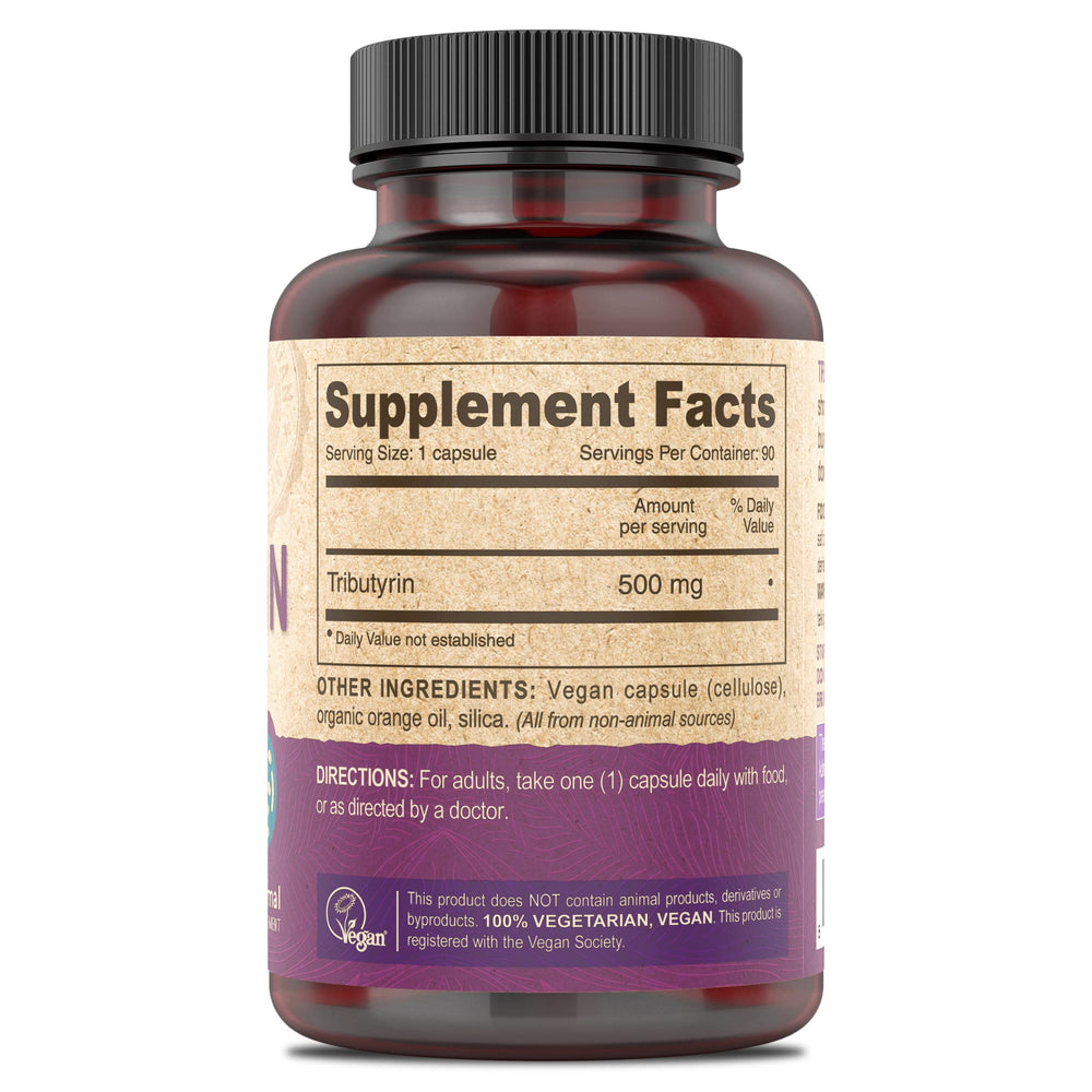 DEVA Tributyrin bottle side view emphasizing 500 mg per capsule for daily wellness
