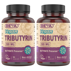 DEVA Tributyrin supplement bottle front highlighting vegan 500 mg formula for gut support