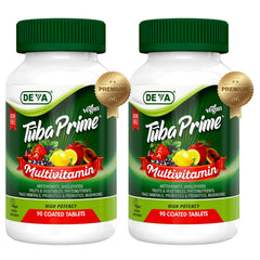 DEVA Tuba Prime bottle front view, iron-free vegan multivitamin for daily nutrition.