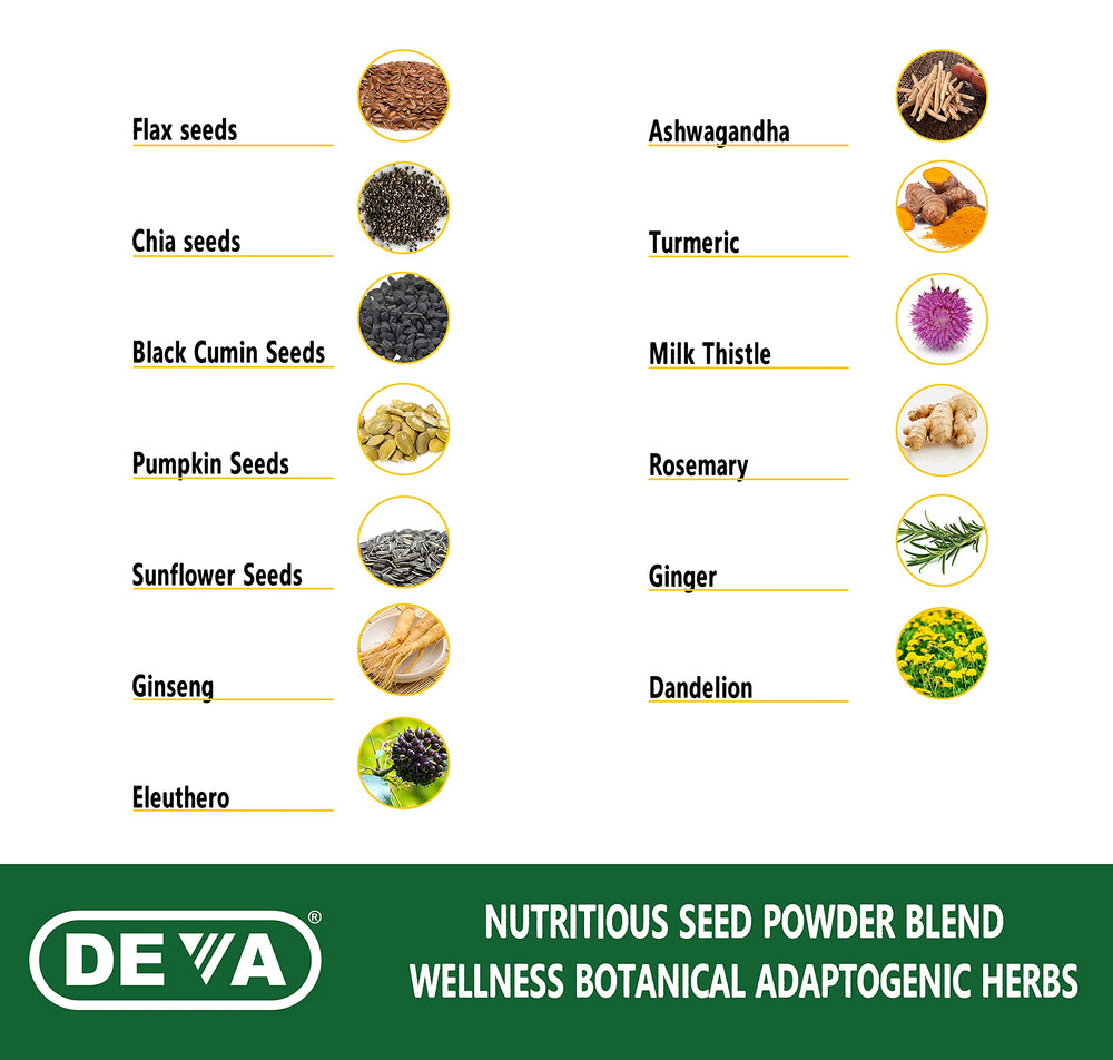 DEVA Tuba Prime seeds and herbs assortment including flax and ashwagandha.