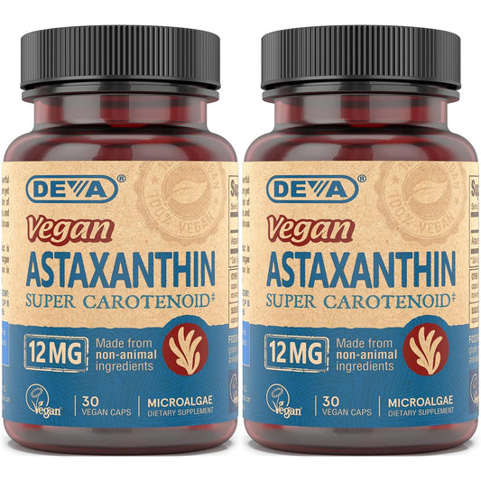 DEVA Vegan Astaxanthin 12mg capsules in a 2-pack, showcasing capsule form and packaging.