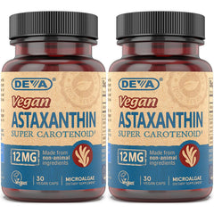 DEVA Vegan Astaxanthin 12mg capsules in a 2-pack, showcasing capsule form and packaging.