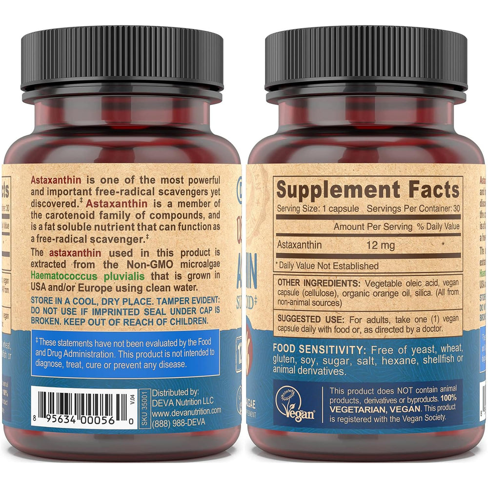 DEVA Vegan Astaxanthin capsules close-up, showing plant-based microalgae sourcing.