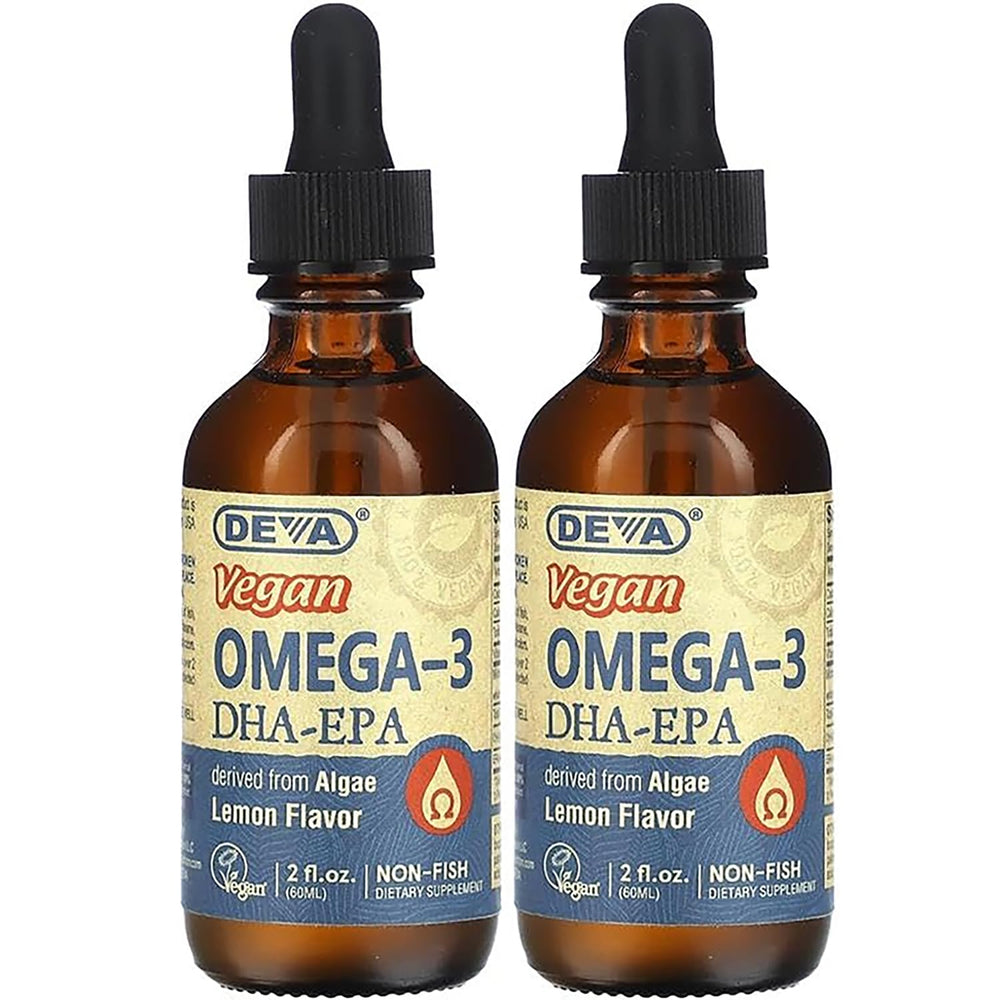 DEVA vegan DHA-EPA lemon bottle front view for clean, non-fish omega-3