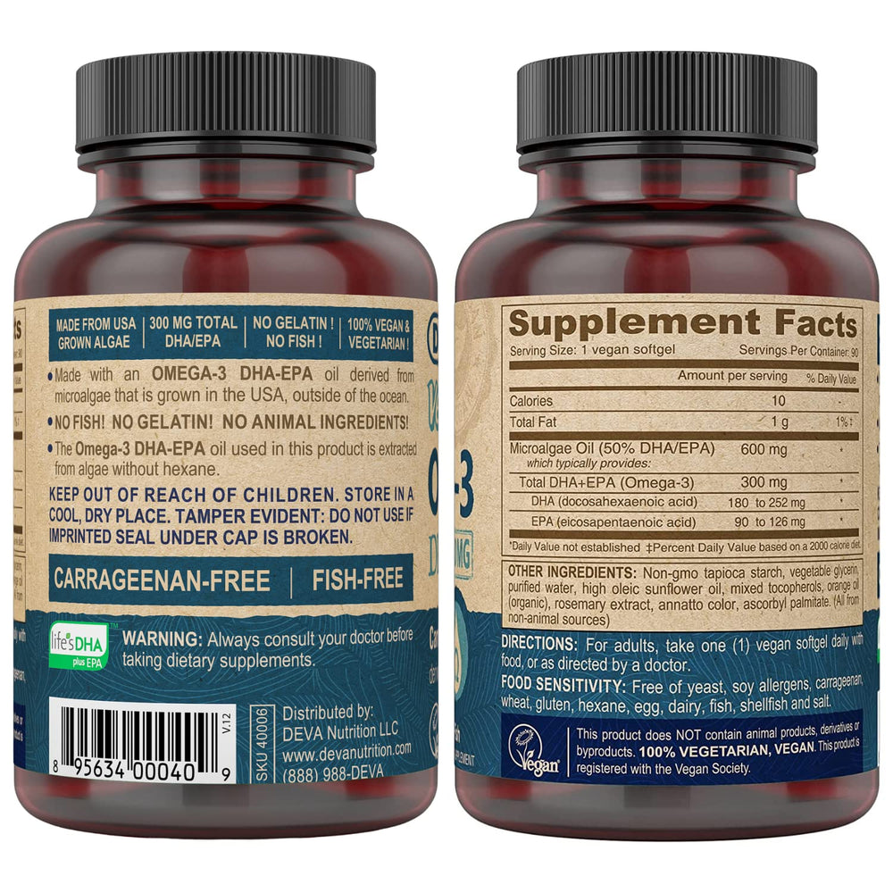 Close-up of DEVA vegan DHA-EPA softgel capsules for daily brain support