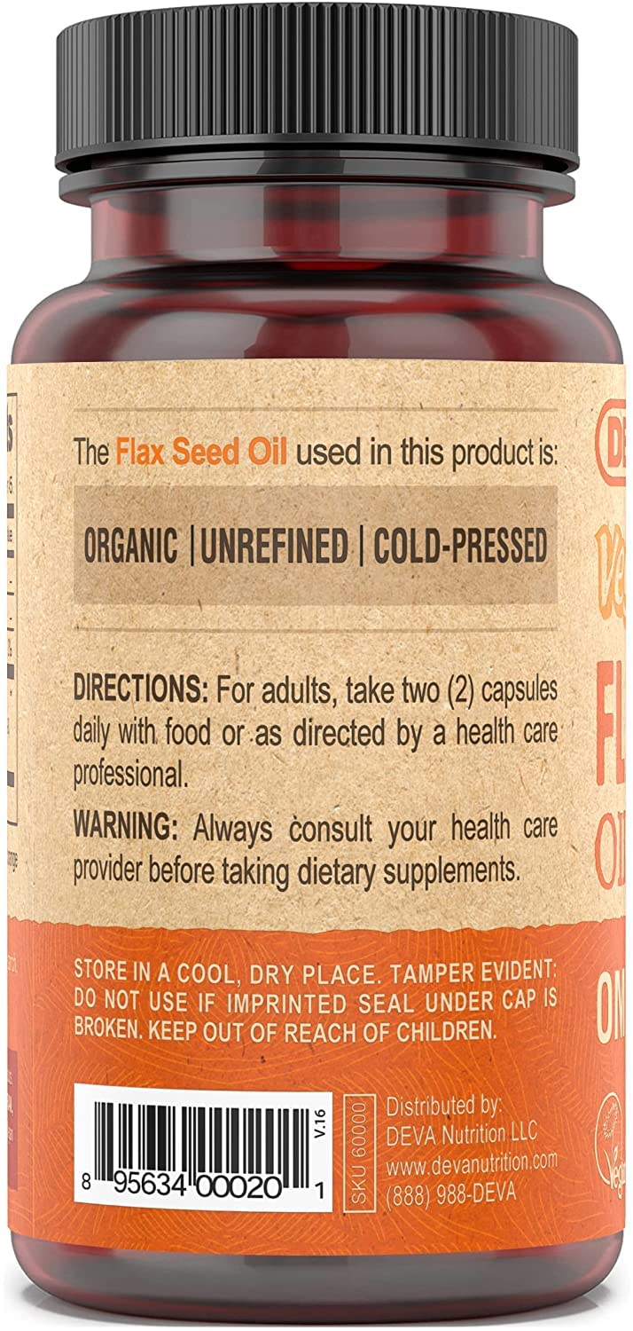 Deva flaxseed oil label highlights premium flaxseed sourcing