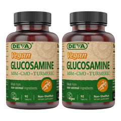 DEVA vegan glucosamine bottle front showing vegan and gluten-free formulation for daily use