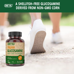 DEVA vegan glucosamine bottle with glass of water for easy intake