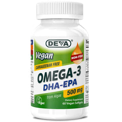 DEVA Vegan Omega-3 bottle front showing carrageenan-free algae capsules with no fishy aftertaste.
