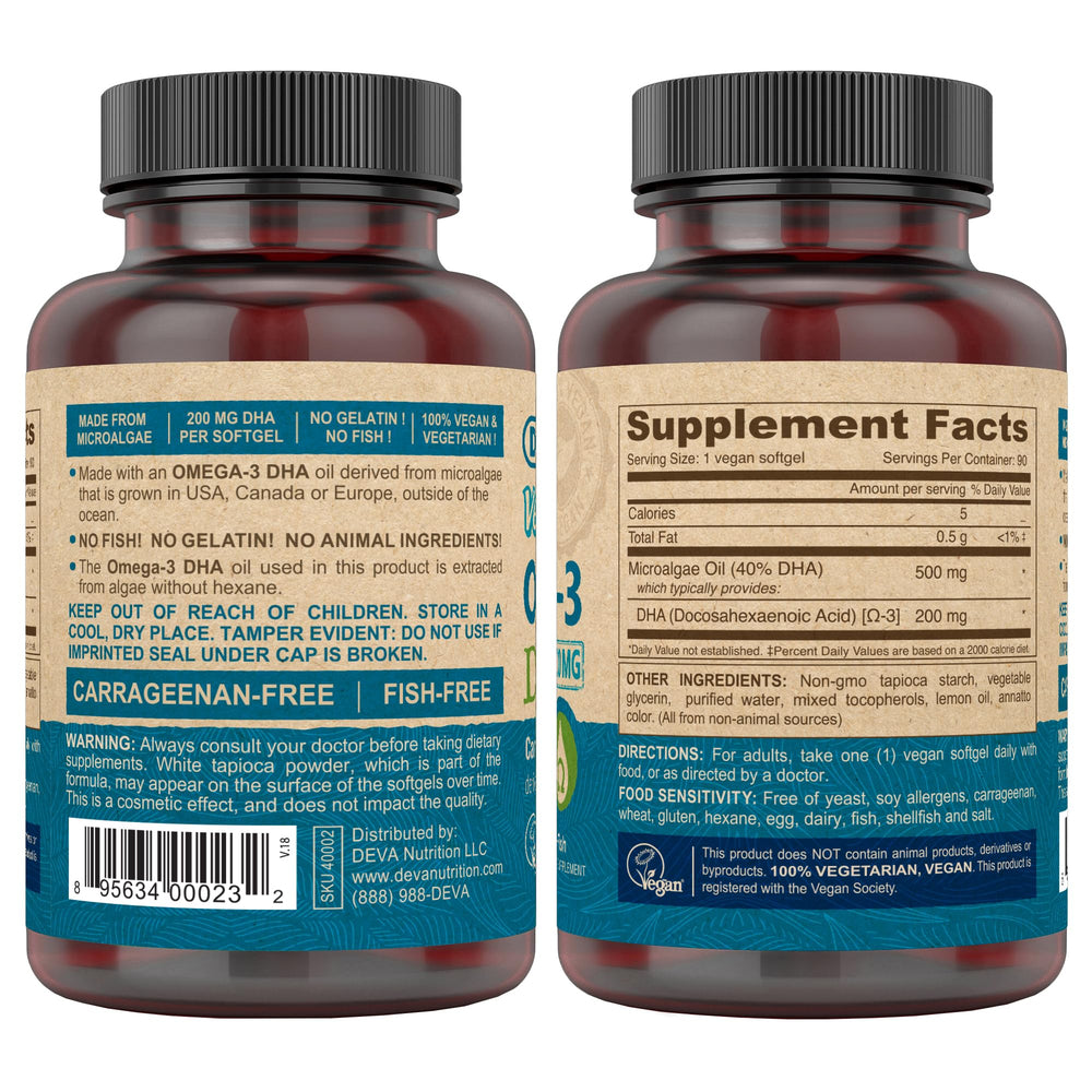 Close-up of DEVA Omega-3 DHA softgels, algae-derived and gelatin-free.