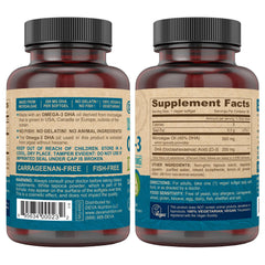 Close-up of DEVA Omega-3 DHA softgels, algae-derived and gelatin-free.