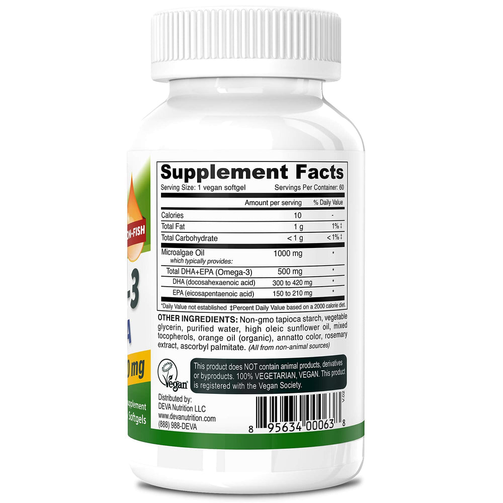 DEVA vegan omega-3 softgels close-up; carrageenan-free vegan capsules.