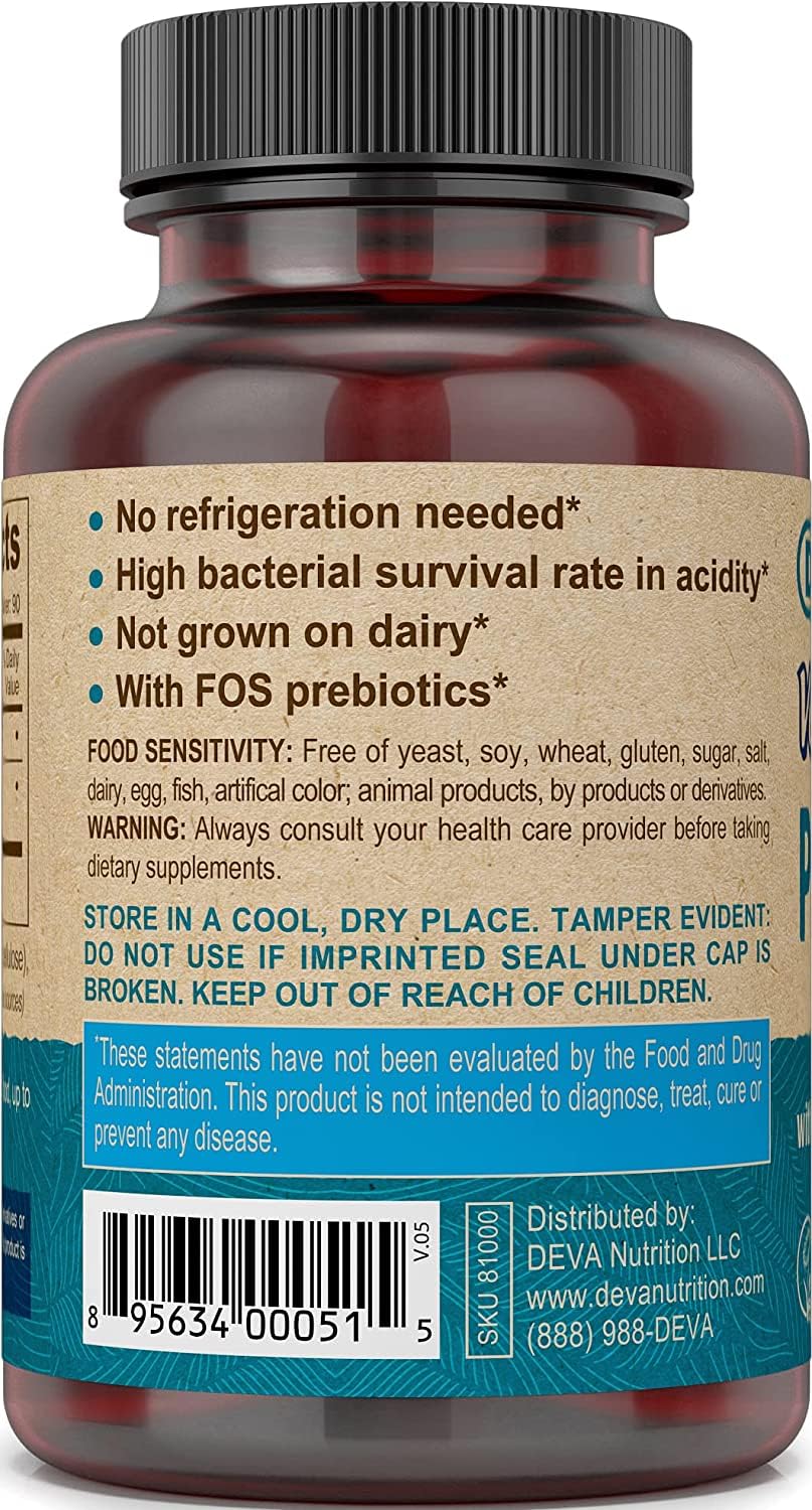 DEVA probiotic capsules closeup, showcasing dairy-free, vegan-friendly capsules.