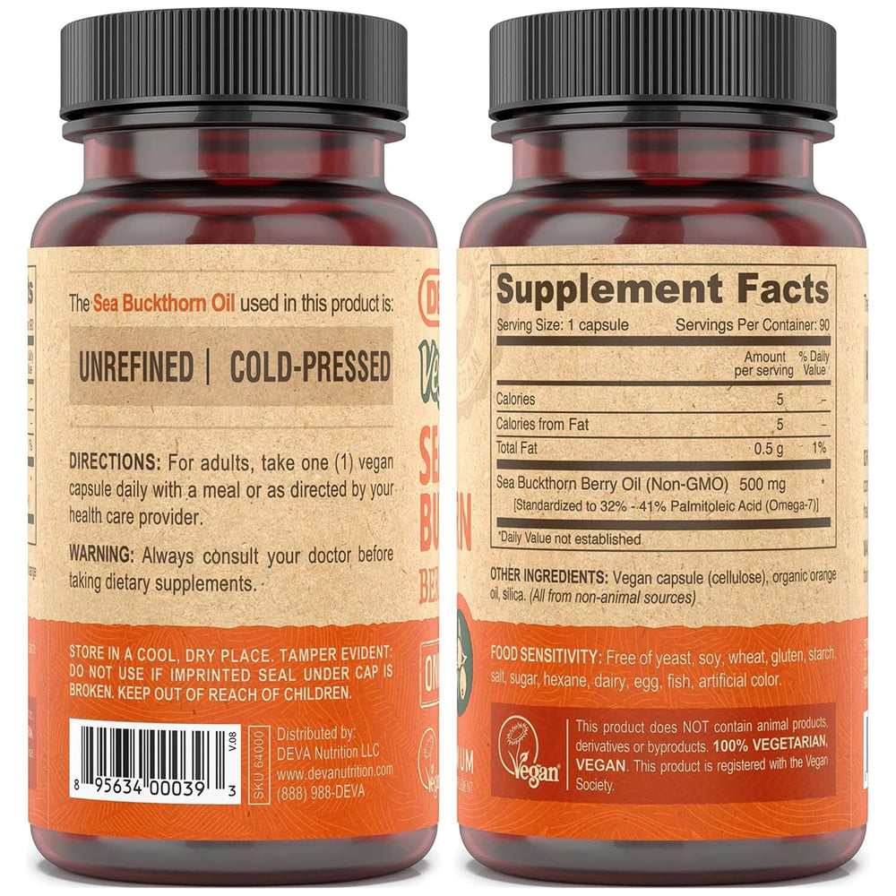 DEVA Sea Buckthorn Oil Capsules close-up of capsules and omega-7 focus.