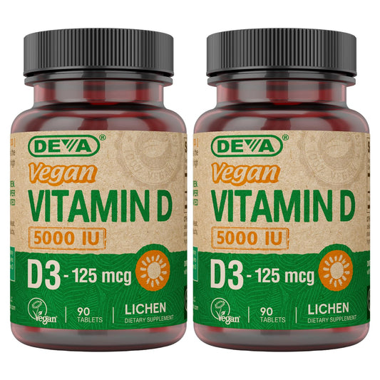 DEVA Vitamin D3 5000 IU from lichen tablets for vegan daily support.