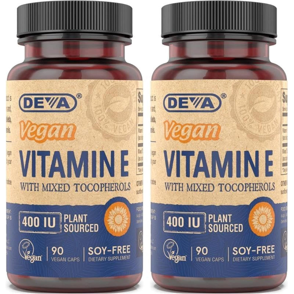 DEVA Vitamin E 400 IU bottle with mixed tocopherols for daily antioxidant routine.