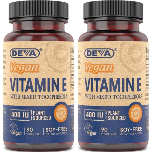 DEVA Vitamin E 400 IU bottle with mixed tocopherols for daily antioxidant routine.