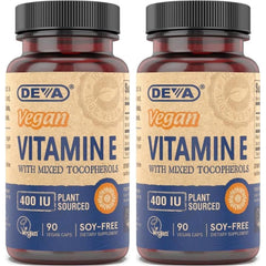DEVA Vitamin E 400 IU bottle with mixed tocopherols for daily antioxidant routine.