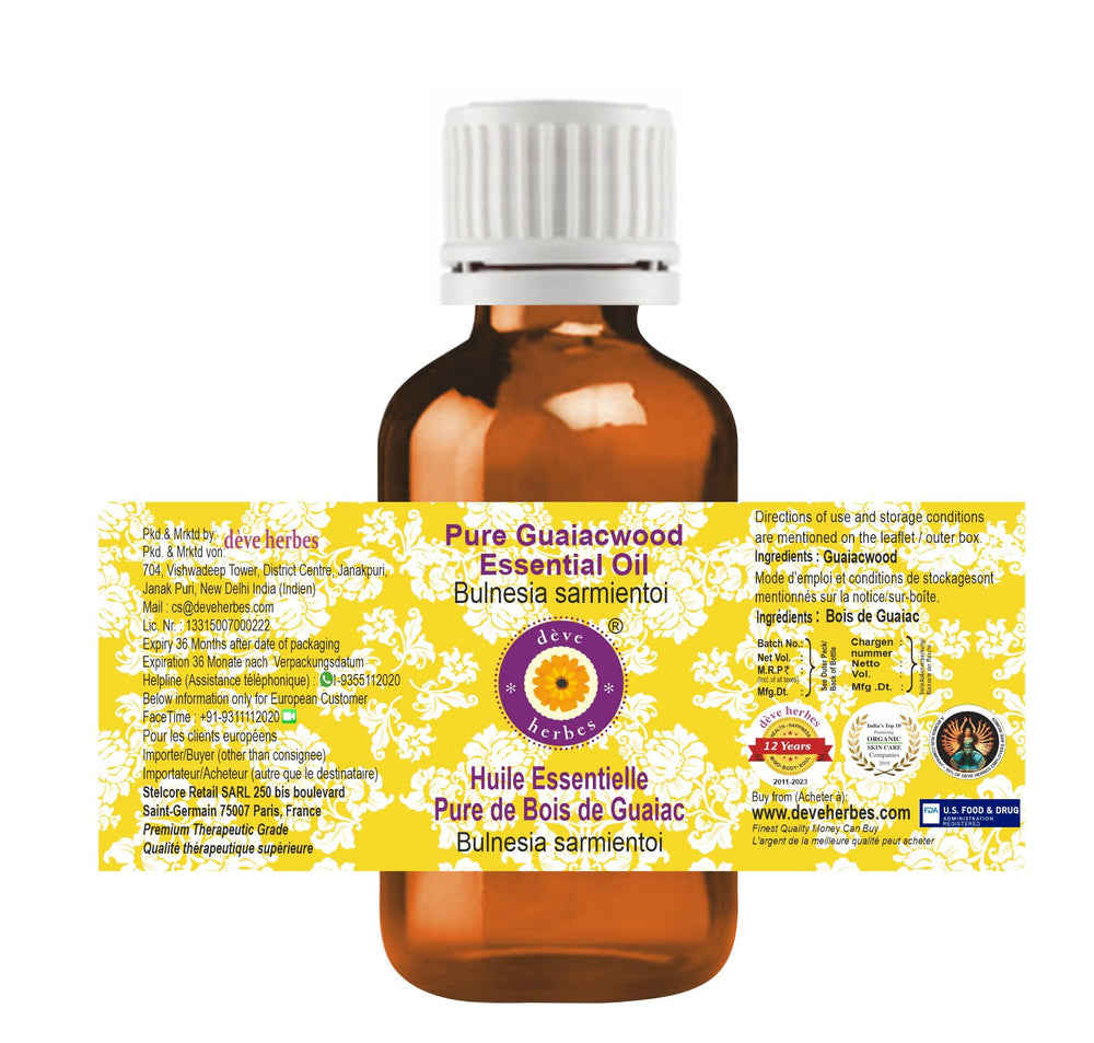 Label close-up of Deve Herbes Guaiacwood essential oil.