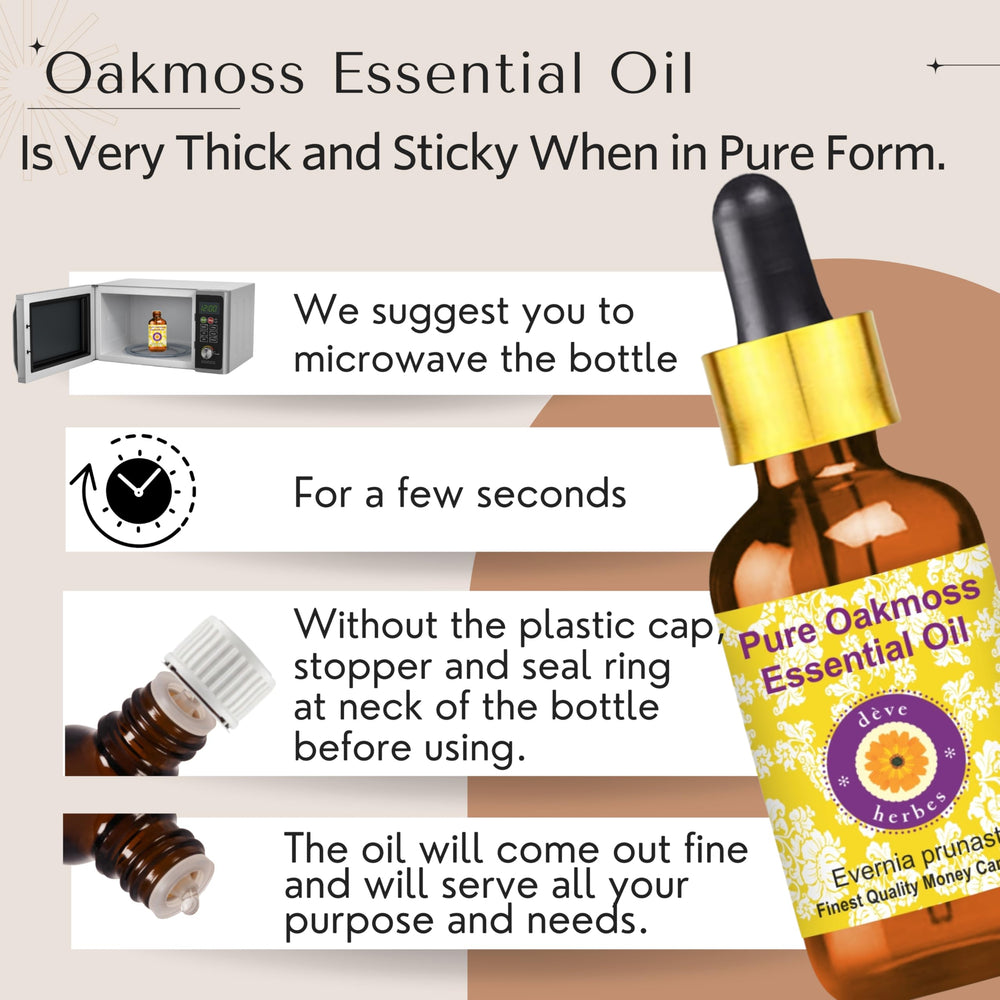 Close-up of Oakmoss essential oil in amber bottle highlighting purity