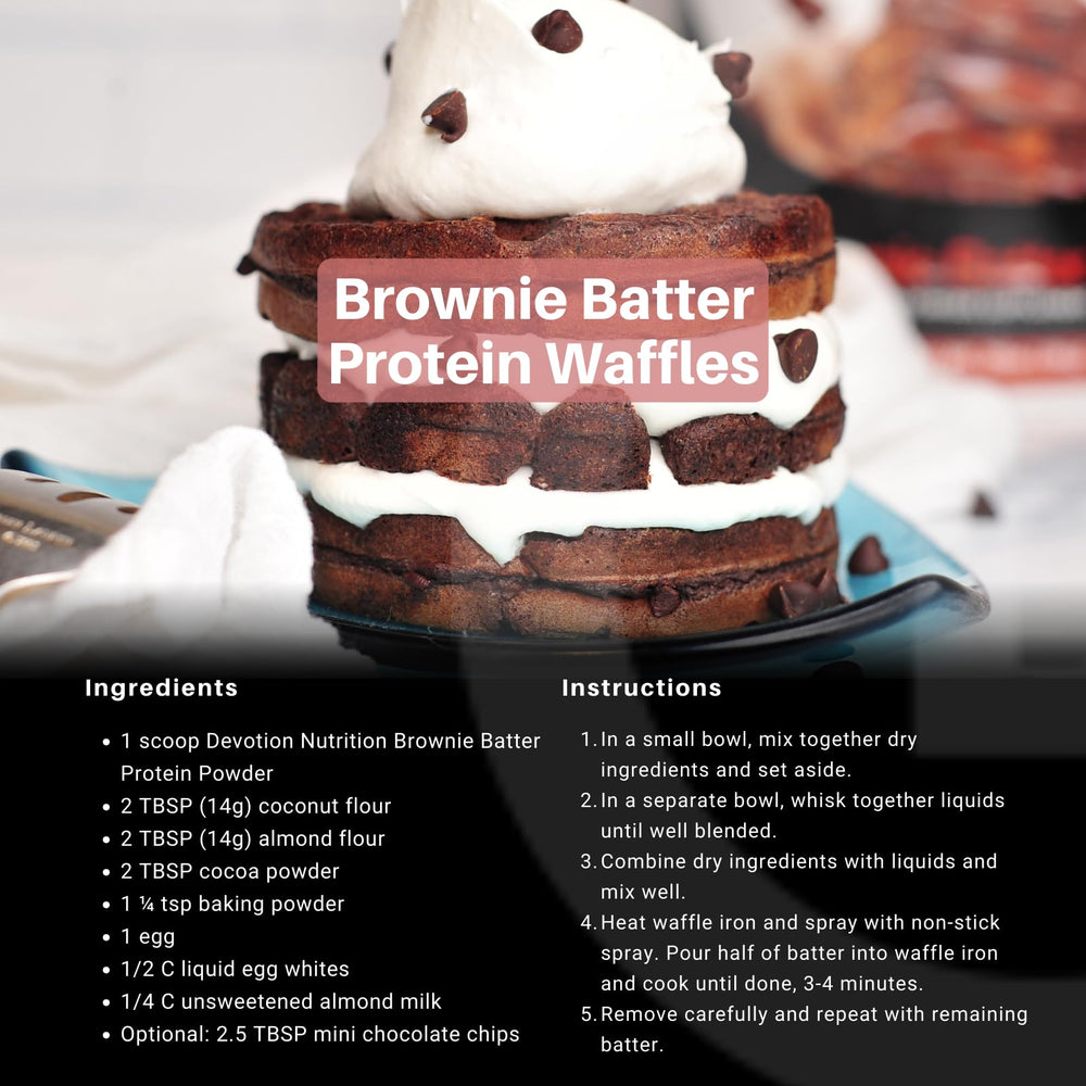 Close-up of Devotion Nutrition Brownie Batter powder texture.