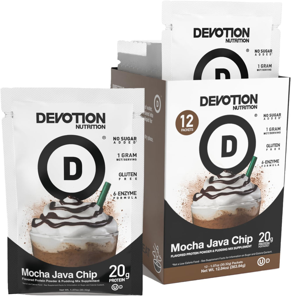 Devotion Nutrition Mocha Java Chip packaging highlighting gluten-free protein powder for active lifestyles