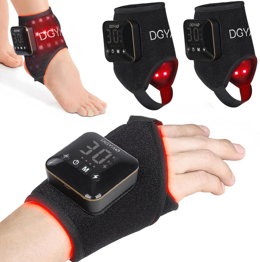 Dialudon ankle-wrap with red light therapy pad delivering targeted relaxation for tired feet.