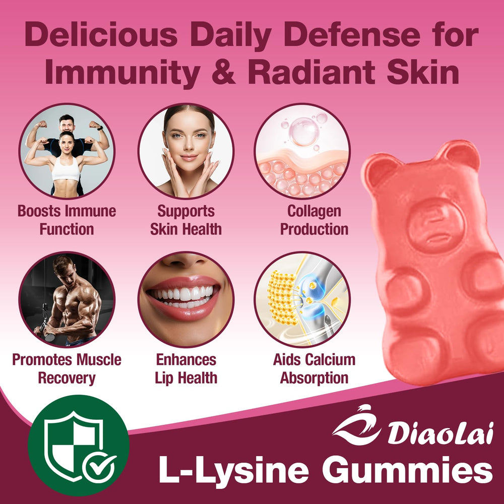 Vegan DIAOLAI Lysine gummies label on bottle indicating allergen-free formula