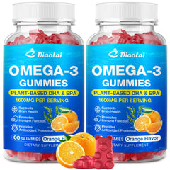 DIAOLAI vegan omega-3 gummies two-pack shown with front jar for daily nutrition