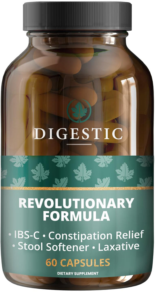 Digestic bottle with capsules illustrates a natural laxative option for gentle constipation support.