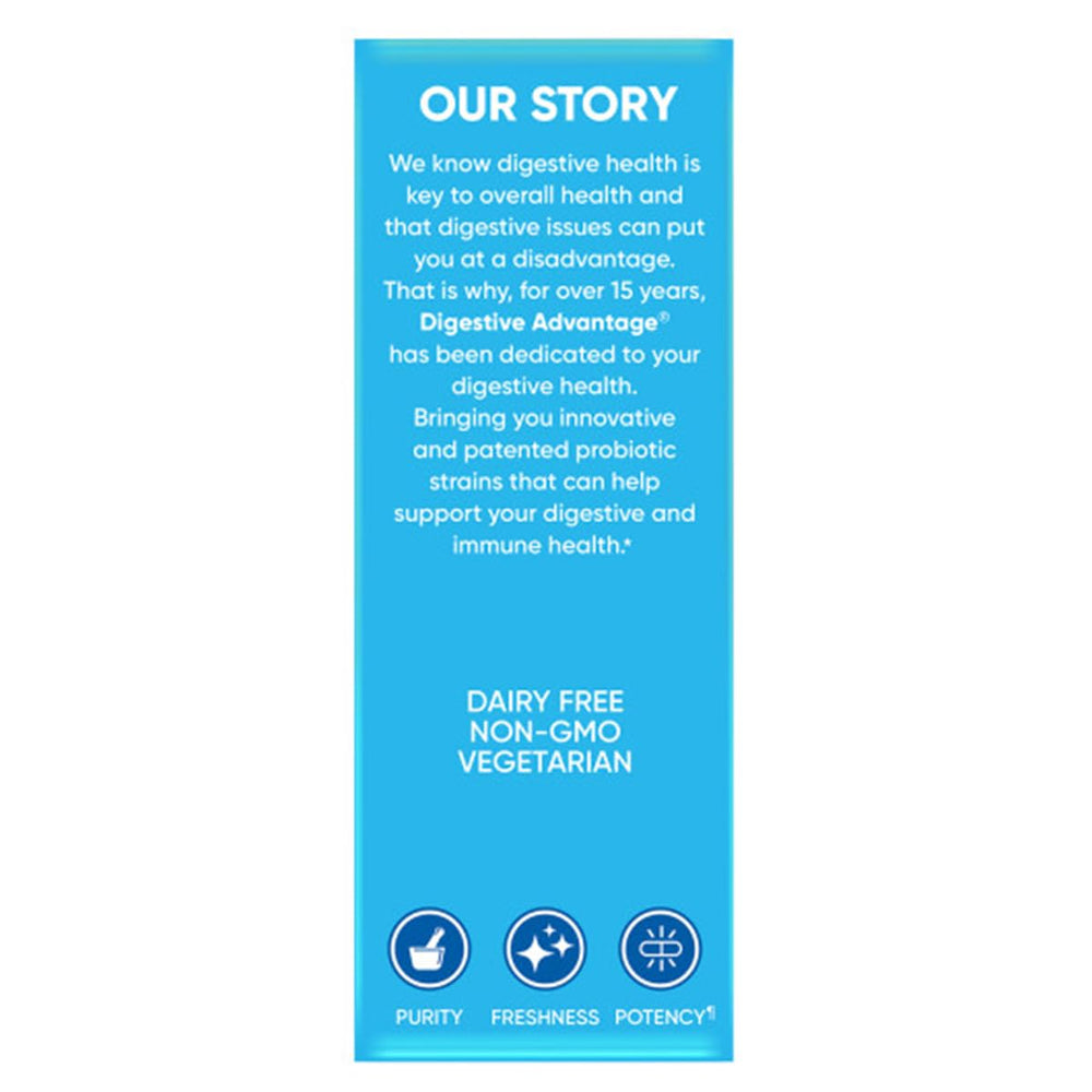 Digestive Advantage capsules close-up with small, easy-to-swallow pills.