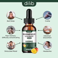 Dilib 60ml bottle back label showing magnesium glycinate content and usage guidelines.