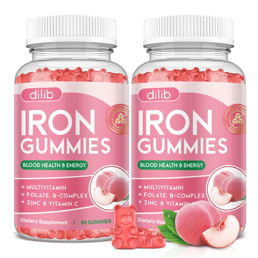 Dilib Iron Gummies bottle front shows convenient daily iron support.