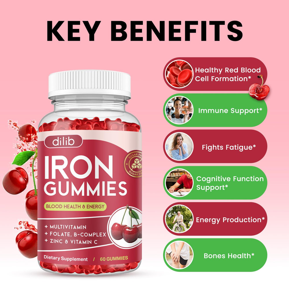 Dilib Iron Gummies close-up highlighting cherry flavor.